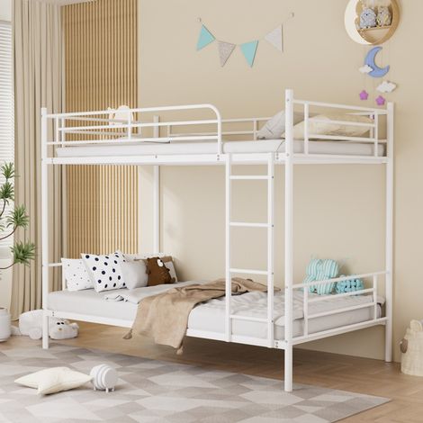 Lit superposé 90x190 cm blanc structure fer, escalier métallique, rambarde haute, protection antichute pour chambre (sans Matelas) (1/5)