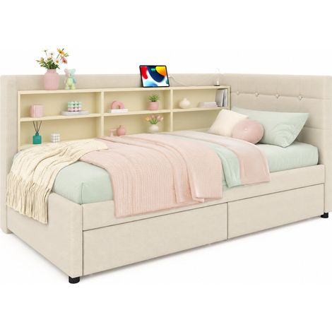 Cama 90x200 cm de tela beige con 2 cajones, USB y Tipo C, cabecero con botones y varios estantes, estilo retro para dormitorio ordenado  CHICFURN (1/5)