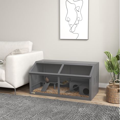 Jaula para hámster de madera 100 x 52 x 50 cm, puente colgante y techo abatible, gris oscuro DESVIAE (1/5)