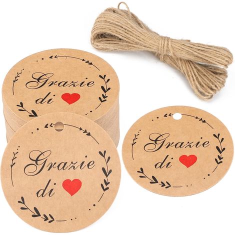 100PCS Papier Kraft Etiquette Étiquettes Cadeau 5x5cm Etiquettes Kraft Étiquette Ronde Lettrage de Merci Italien Imprimé avec Ficelle pour Dragees Noël Anniversaire(Brun)