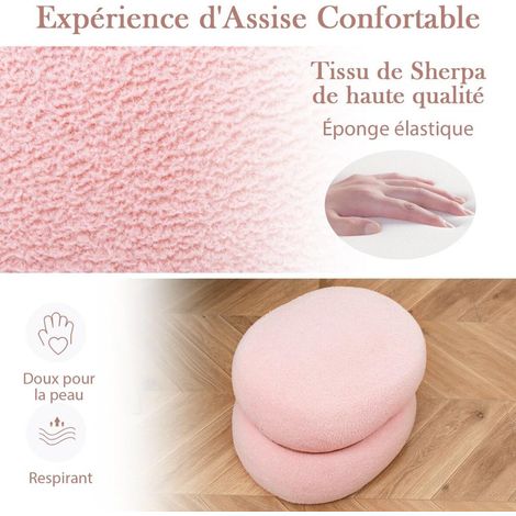 Pour Salon et Chambre Assise Confortable et Polyvalente Pouf Tabouret Ovale en Sherpa Rose avec Anneau en Bois (1/5)