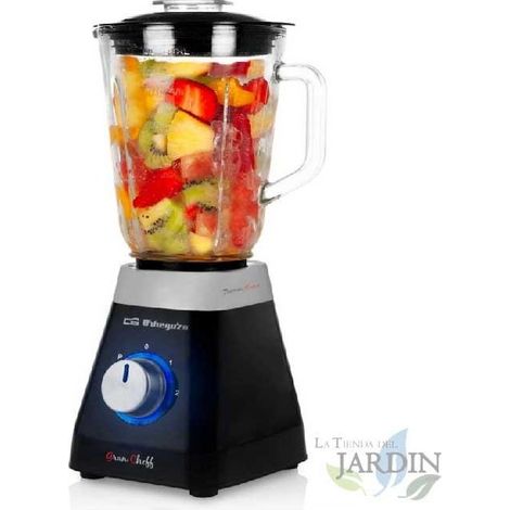 Orbegozo Mixer aus Glas.  Glaskrug 1 L Fassungsvermögen.  2 Geschwindigkeiten + TURBO.  Ice-Crusher-Funktion.  Leistung 500W.