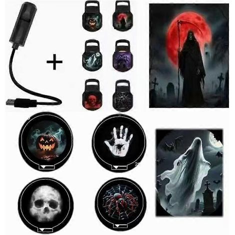 Lampe de projection LED USB Halloween, 6 motifs lumineux : fantôme, chauve-souris, araignée, squelette, décoration festive pour Halloween (1/5)