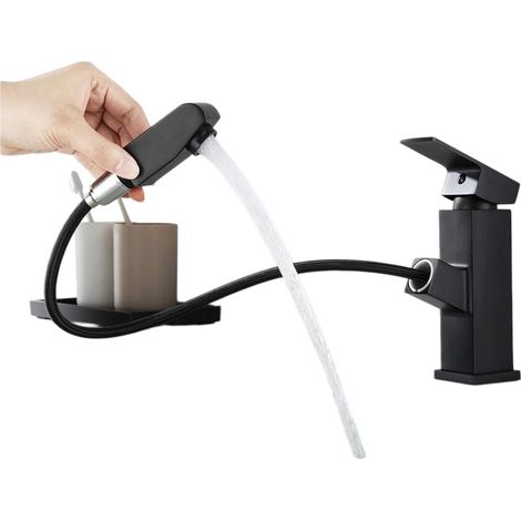 Robinet de salle de bain en laiton noir mat avec douchette extensible et jet amovible (1/5)