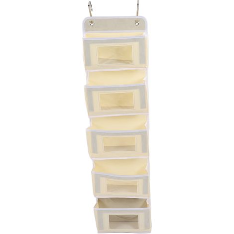 Panneau mural de rangement suspendu à accrocher au-dessus de la porte avec crochets, 5 poches beige, pour garde-manger, nursery, cuisine, dressing ou dortoir. (1/5)