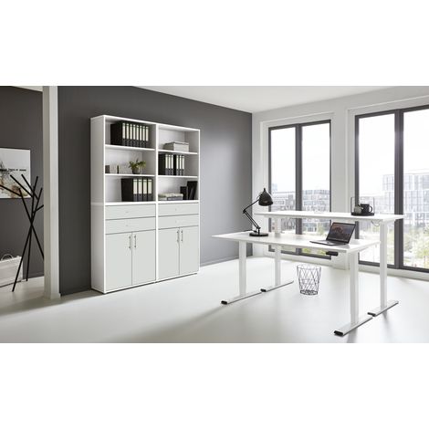 BMG Möbel Büromöbel-Set, e-Office Edition Set 20, Schreibtisch höhenverstellbar, 138 cm, Weiß/ Weiß Matt