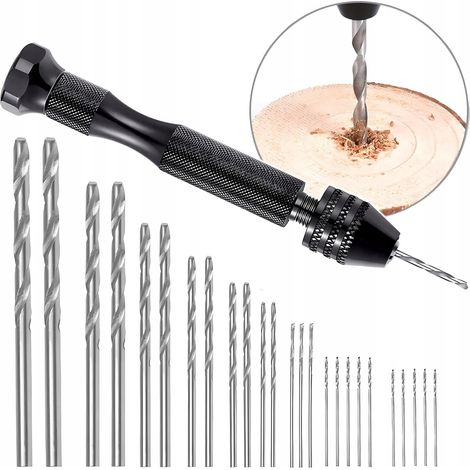 Mini trapano a mano nero + set di 25 punte da 0,5-3 mm per legno-plastica fai-da-te