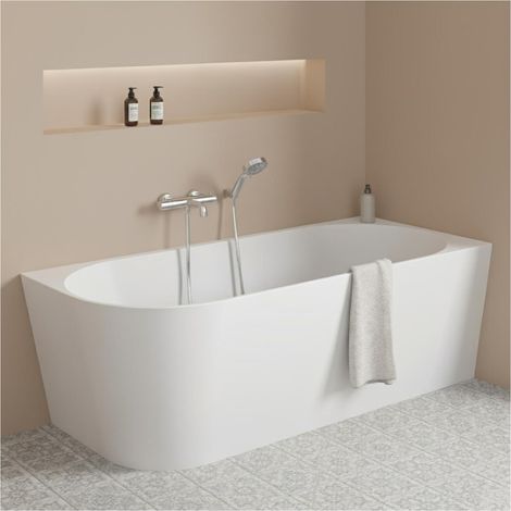 Weiße halbfreistehende Badewanne aus Acryl 150cm - Rechtwinklig MILO
