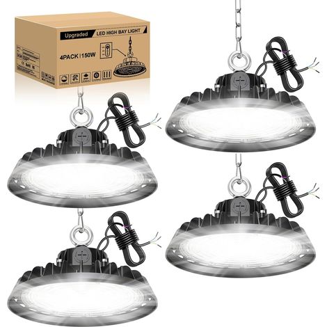 4 Pack 150W UFO Projecteur LED Éclairage Atelier Garage Lampe 22500LM Éclairage pour Atelier 6000K 120°Éclairage IP65 Lampe Industrielle Dimmable 90W/120W/150W pour Usines Entrepôts Stades (1/5)