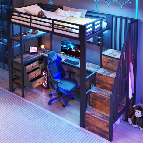 Cama alta 90x200 cm con 3 cajones y escritorio, estantería y LED, en metal negro, sin colchón (1/5)