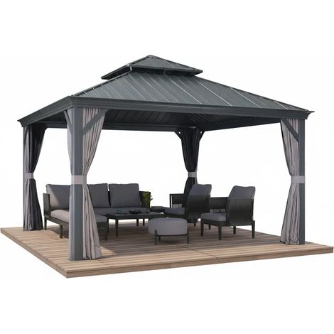 PURPLE LEAF 4,6 x 4 m tonnelle de jardin, pergola aluminium extérieure avec moustiquaire et rideaux, hardtop pavillon double toit en acier galvanisé, gris (1/5)