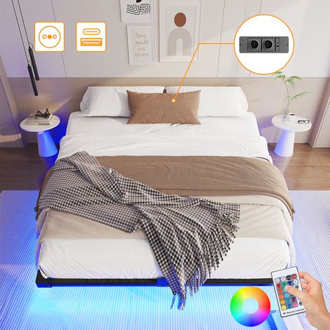 Lit 140x190 cm avec sommier en métal - Lit double avec led et multiprise (2 Prises + USB & Type C) - Lit 2 personnes Noir