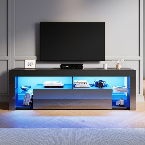 ELEGANT Modern TV Stands with LED Lights, Open Glass Shelves and Flip-Down Door Compartment, Suitable for Living Room and Bedroom, Black, 1600x350x505mm (1/5)