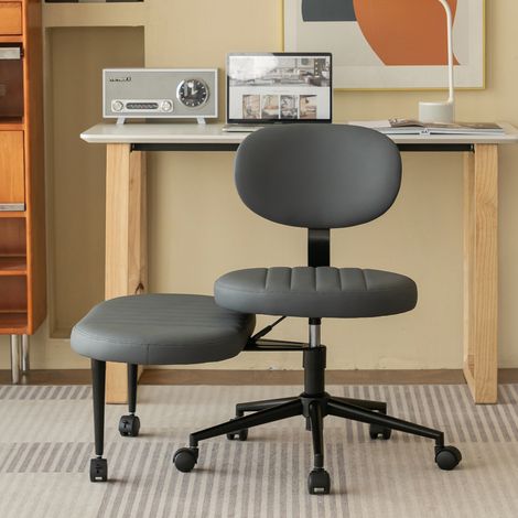 Chaise de bureau velours avec repose-pieds intégré, fauteuil pivotant 360° réglable en hauteur, pour home office - Gris