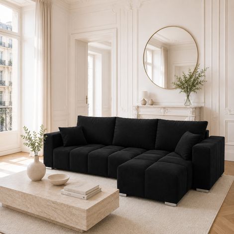 Tendencio – Canapé d’angle convertible 4 places – 249 cm – Tissu doux – Coffre de rangement intégré – Dossier avec coussins déhoussables (1/5)