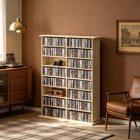 Rangement CD DVD Blu-ray couleur bois naturel avec 16 compartiments et 12 tablettes réglables, grande capacité pour stocker jusqu’à 720 CD et 396 disques Blu-ray (1/5)
