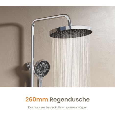 EMKE Thermostat Duschsystem mit 36cm Ablage & 26cm Regendusche Stufenloser Wasserregelung & Sicherheitssperre, Chrom