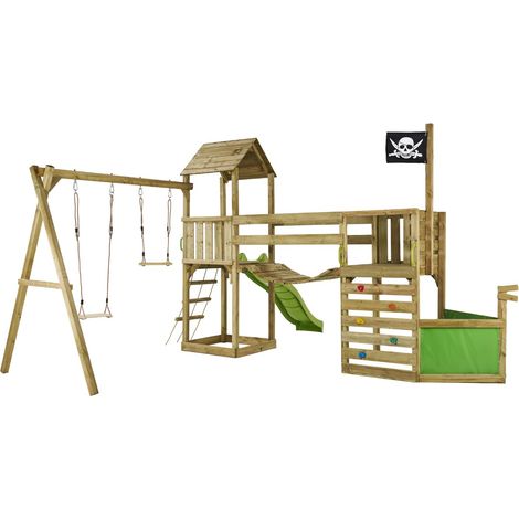 Aire de jeux en bois pirate avec vigie – Toboggan 219,6 cm, balançoire, mur d'escalade, pont suspendu – Certifié PEFC, traité Autoclave III et IV – Kangui
