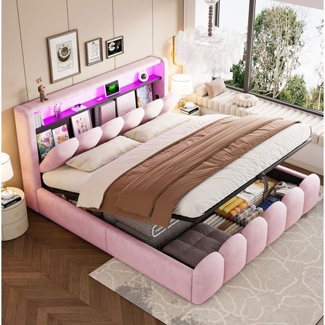 Letto matrimoniale 180x200 cm rosa in velluto con contenitore idraulico, LED, USB e USB-C (1/5)