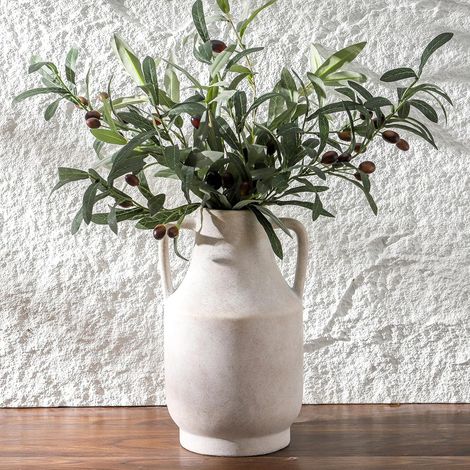 Vase en céramique artisanale JeiibrZui avec anses - Grand modèle décoratif blanc - Style rustique vintage pour salon, cuisine et bureau - Vase idéal pour fleurs séchées - 1 pièce (1/5)