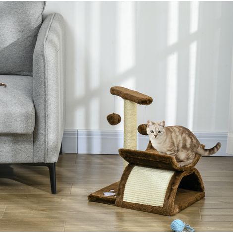 Arbre à chat en sisal et peluche marron avec tunnel, couchage en U et jouet, 40 x 30 x 43 cm (1/5)