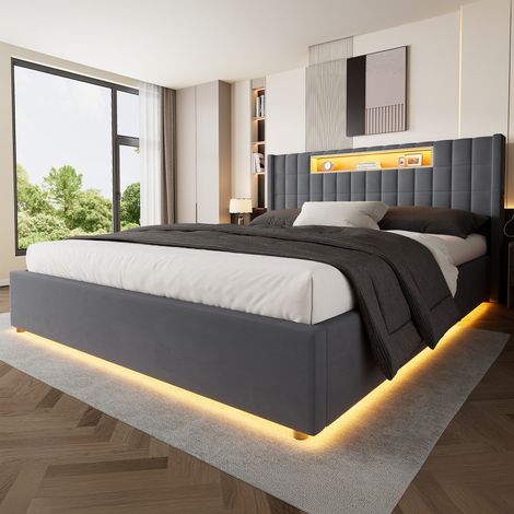 Cama con canapé 180 x 200 cm,Cama doble con iluminación LED y almacenamiento bajo la cama,Somier de láminas incluido - Gris (1/5)