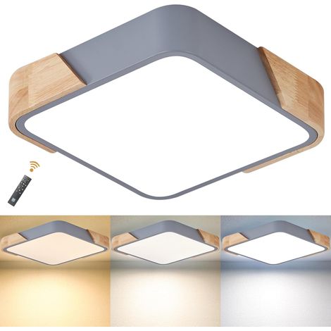 Plafonnier LED 18 W, carré et moderne en bois, idéal pour salon, cuisine, chambre, salle à manger, couloir, balcon, 30 x 30 cm, variateur et télécommande [Classe énergétique E]