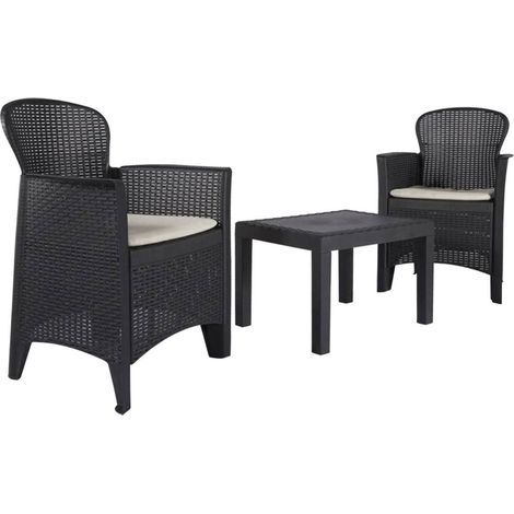 Set salotto da esterno, Set da giardino con 2 poltrone ed 1 tavolino, Salottino effetto rattan con cuscini, 100% Made in Italy, Antracite (1/5)