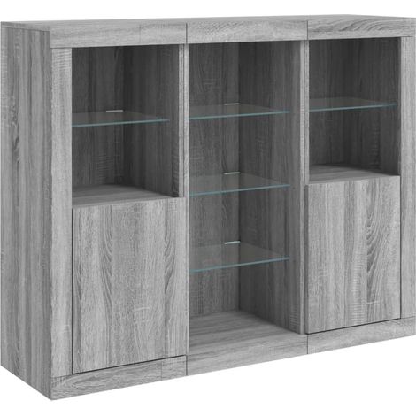 Credenza Credenza Comò Armadietto Organizzatore Cucina Soggiorno Soggiorno con luci a LED 3 pezzi Legno ingegnerizzato Sonoma Grigio 020037232
