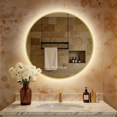 S'Afielina – Miroir lumineux de salle de bain rond 70 cm – Éclairage LED anti-buée – Interrupteur tactile – Horloge numérique – IP44 cadre doré