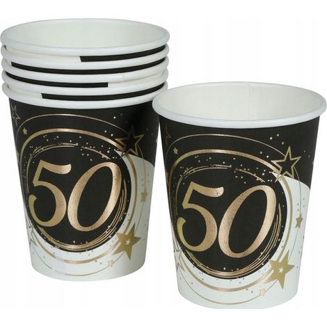 Bicchieri di carta per il 50° compleanno, tema oro e nero, 240 ml, confezione da 6 pezzi. (1/3)