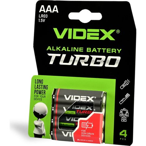 Turbo Videx LR03T/AAA Alkaline-Batterie, 4 Stück, Blisterverpackung