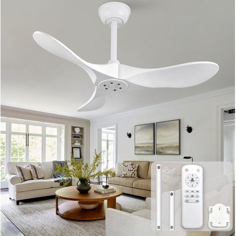 Ventilador de techo 36 pulgadas blanco, 3 aspas de madera maciza, mando a distancia, sin iluminación, motor DC silencioso (1/5)