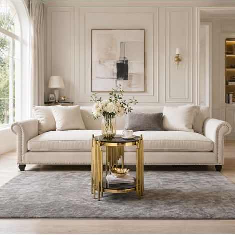 Tavolino rotondo 2 livelli 50x50x55 cm nero e oro in vetro temperato e acciaio inox salvaspazio (1/5)