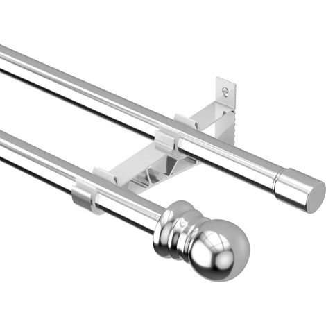 Tringle à rideaux 2 voies Argent, 76-186 cm, Tringle à rideaux extensible en acier inoxydable, ensemble de tringles à rideaux murales avec supports et embouts pour salon chambre à coucher (1/5)