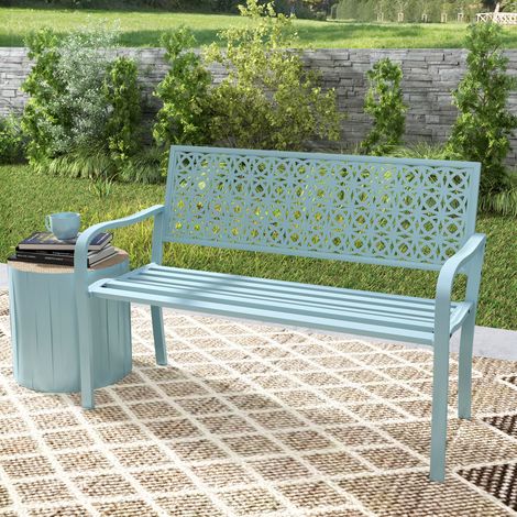 Panca da giardino a 2 posti 127x63x85 cm, schienale decorativo, struttura in acciaio, blu (1/5)