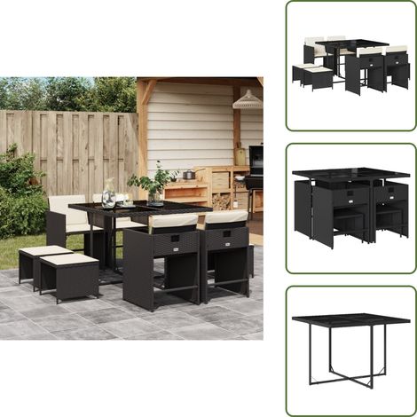 The Living Store 9-tlg. Garten-Essgruppe mit Kissen Schwarz Poly Rattan - Gartenmöbel Set - Esstisch - Gartenstühle - Gartenhocker - PE-Rattan Möbel