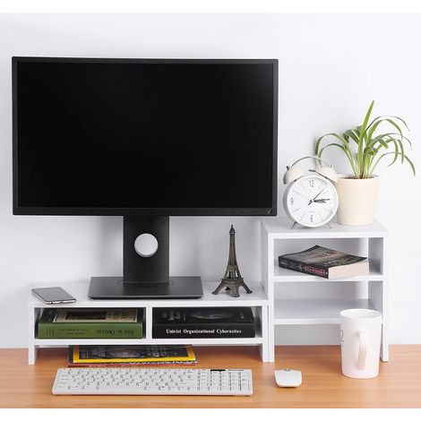 Réhausseur d'Écran en Bois,Support de Moniteur/Rehausseur ecran Bois Support d'Ordinateur Portable Rehausseur d'écran d'ordinateur a étagere avec compartiment de rangement latéral à 3 couches.