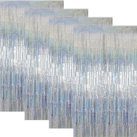 4 Rideau Frange, Métallique Tinsel Argent, 1m x 2.5m, PET Brillant, Décoration Fête, Anniversaire, Mariage (1/5)