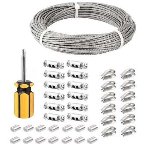 Pair mm Edelstahlseil, 50 m/3 mm Edelstahlseil, beschichtetes Stahlseil mit Kabelklemmen, M3-Hülsen, Edelstahlösen, 3 mm Metallseil für Wäscheleinen, Geländerseil