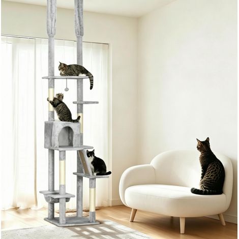 Árbol para gatos 225-255 cm gris de aglomerado y felpa - con hamaca y rampa rascadora (1/5)