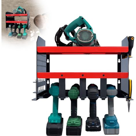 AUFUN Support de rangement pour outils de perceuse à percussion à batterie, 4 emplacements, étagère de rangement murale en métal robuste pour outils et organisation. (1/5)