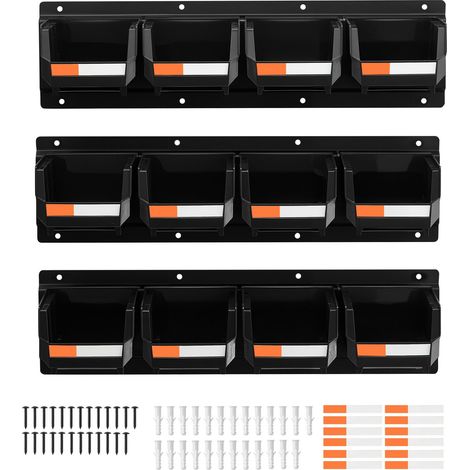 Support mural 12 bacs plastique + 3 rails métal, rangement empilable pour vis, écrous, boulons, clous, atelier, garage, noir. (1/5)