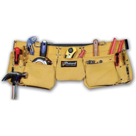 Werkzeugtasche aus Leder und Wildleder mit 9 Fächern – Integrierter Gürtel – 2 Hammerringe aus Metall – Verstellbare Schultergurte (1/4)