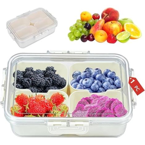 Boîte à snacks compartimentée, plateau avec 4 compartiments amovibles, boîte de service divisée avec couvercle, contenant alimentaire réutilisable pour épices, bonbons, fruits, déjeuner, voyage, pique (1/5)