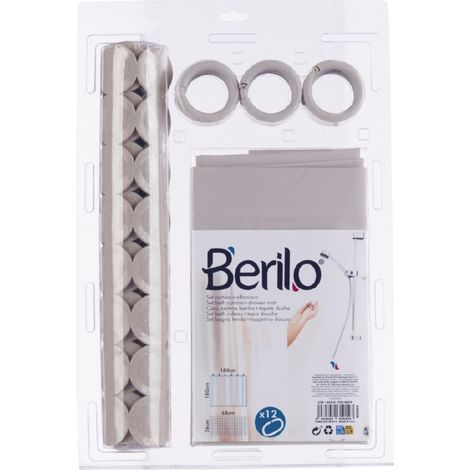 Set da bagno con tenda da doccia e tappeto beige. (1/4)