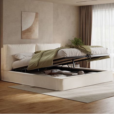 Doppelbett 180x200 cm beige aus Samt mit hydraulischem Stauraum und gepolstertem Kopfteil (1/5)