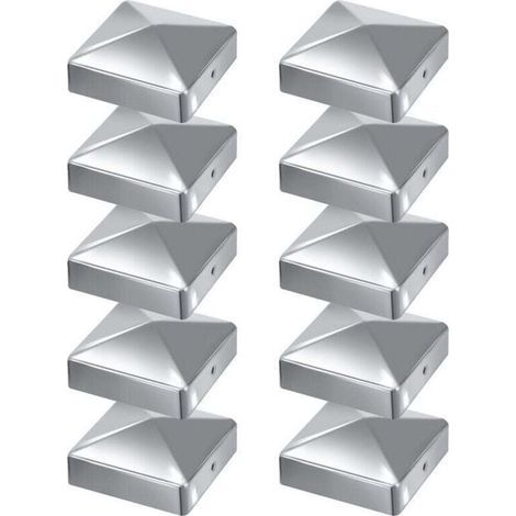 Chapeaux de poteau pyramidaux en acier galvanisé – 10 pièces, 100 x 100 mm, finition argentée (1/4)