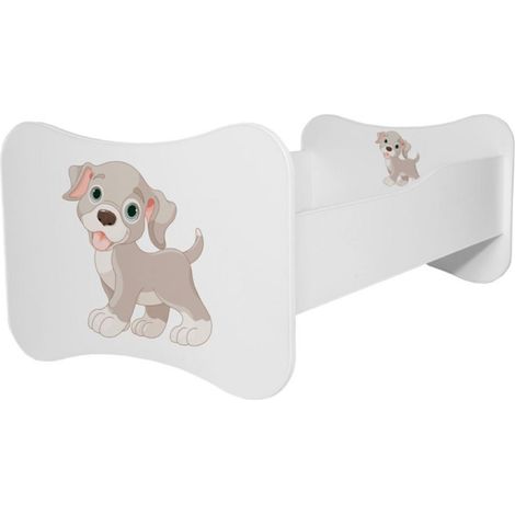 Lit enfant bois blanc imprimé petit chien 70x140 ou 80x160 - Sommier et matelas inclus - Ondula-80x160 (1/5)