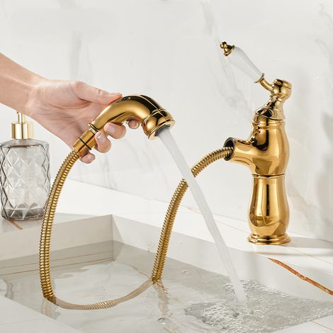 Robinet de lavabo extractible rétro français pour armoire de salle de bain, robinet résistant aux éclaboussures d'eau chaude et froide (or) (1/5)